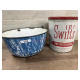 Blue graniteware bucket and Swift chip can