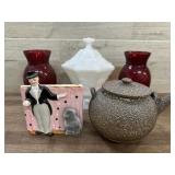 Box with red vases, white candy dish and misc.