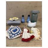 Flat of chicken waterer, Vintage salt and pepper