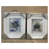 2- White 14x17 frames with floral prints