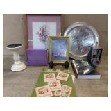 Box lot of picture, door knob, book, greenery and
