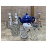 Flat with blue teapot, candle sticks and misc.