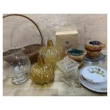 Box with baskets and glass pimpkins and misc.