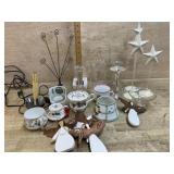 Flat of tea cups, candle sticks and misc.