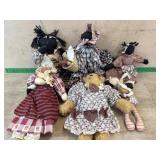 Flat with 4 rag dolls and stuffed bear