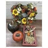 2- Pumpkins and fall wreath and wall hanger