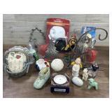 Flat with rooster figure, vase candles and misc.