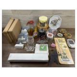 Box lot of slicer, candle stick, candle and misc.