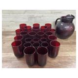 Ruby red pitcher and 24 glasses