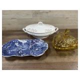 Amber covered dish, Blue Staffordshire dish, and