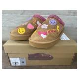 Girls Tan Slippers with Decorative Patches