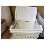 2 plastic baskets and wash tub and odd lids