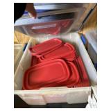 Tote full of odd food storage container lids