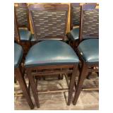 2- Wood bar stools with green seats and backs