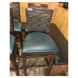 2- Wood bar stools with green seats and backs
