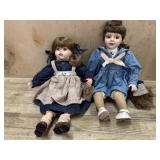 2- Porcelain dolls in blue dresses with mini bear