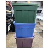 3-  Rubbermaid totes with lids, one lid busted