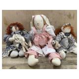 2 Rag dolls and fabric rabbit
