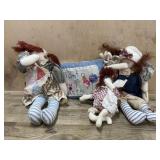 3 Rag dolls and embroidered pillow