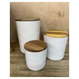 3 White Ceramic Canisters with Wood Lids