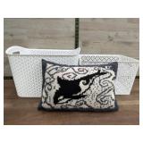 2 plastic baskets and orca pillow
