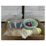 Flat of glass vases, measuring cups