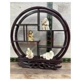 Wooden display, 4 Japanese netsuke figurines