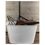 Plastic basket with wooden and plastic hangers