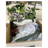Box of christmas decor, faux greenery