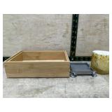 Wooden box, pewter tray, candle