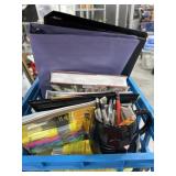 Tote of Office supplies binders and misc.