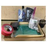 Flat of office items, sort tray, clip board and