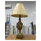 Wood look table lamp with tan shade