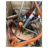 Box lot of Garden tools, hand saw and misc.