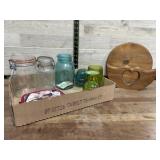 Flat of old jars, wood rack and misc.