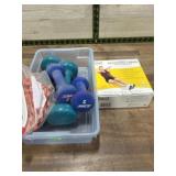 Tote of hand weights and resistance tubing