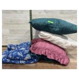 3 Throw pillows and blue throw blanket