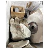 Box of misc. hardware, gloves and sandpaper With