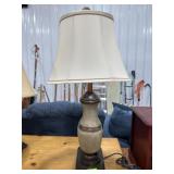 Tan and brown table lamp with white shade