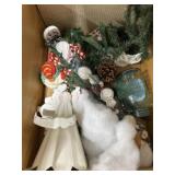 Box of Christmas decorations snowman and angel