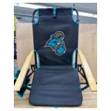 Black Folding Chair with Logo and Storage Features