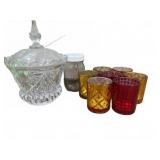 Crystal Candy Dish and Colored Glasses Set