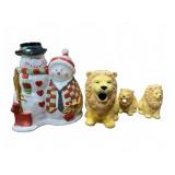 Ceramic Snowman Jar and Lion Figurines