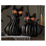 Pre-Lit Black Cat Pumpkin Set of 2, Untested