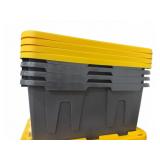 Four 27-Gallon Black and Yellow Storage Totes