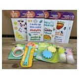 Baby Grin Stickers, Rattle, Spork, Bottles Lot