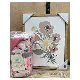 Floral Wall Art and Pink Plush Blanket Set