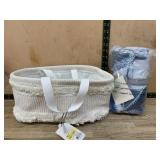 White Fabric Basket and Blue Blanket Set