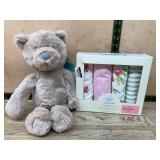 Teddy Bear Plush and Floral Blankets Set