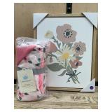 Floral Canvas Art With Plush Blanket Set